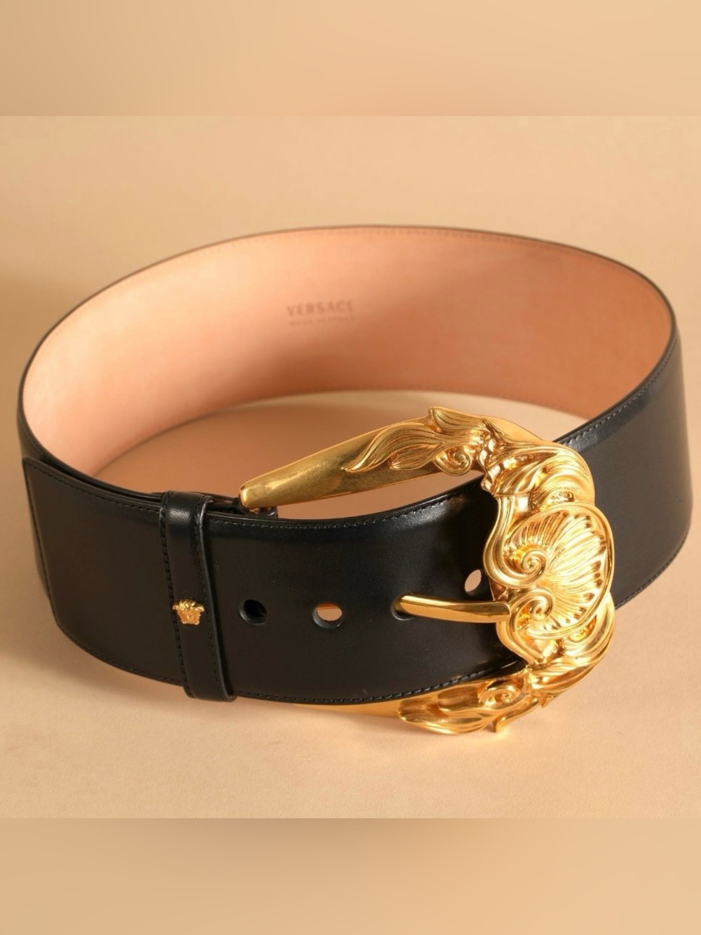 Versace Black Wide Leather Belt With Gold Baroque Buckle Size 75cm/30in (Small)